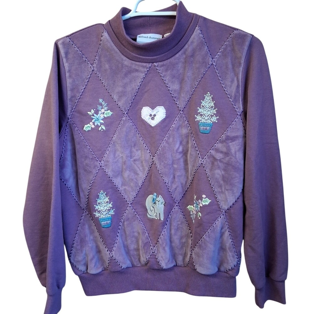 Alfred Dunner Purple Patchwork Embroidered Top Petite Medium Vintage Grandma EUC